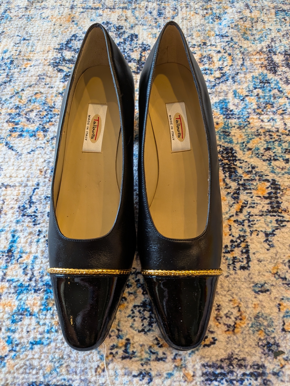 Talbot's Black Leather Low Heel Pumps with Gold Trim - Picture 2 of 3